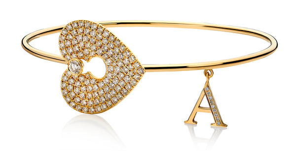 Falling in Love, Alphabet Diamonds Heart Bangle in letter A