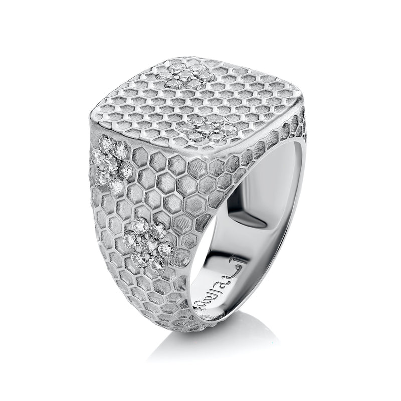 Honey Comb Blooms White Gold Infusion Signet Ring